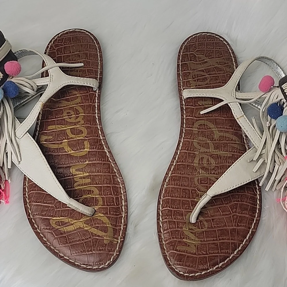 SAM EDELMAN Gere Western Fringe Pom‎ Pom Boho Hippie Gladiator Thong Sandals 8.5 - Picture 4 of 14